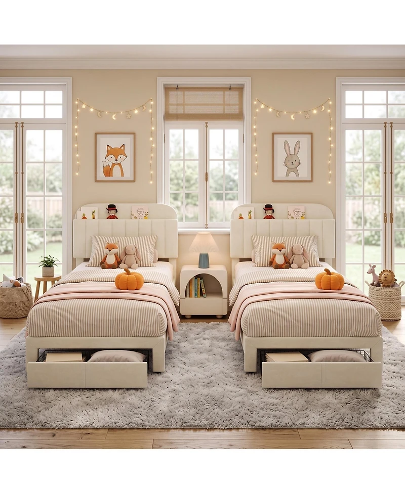 homfan 2 Sets Twin Upholstered Platform Bed Set, Bookcase Headboard with Large Storage Drawer, No Box Spring Required, Easy Assembly