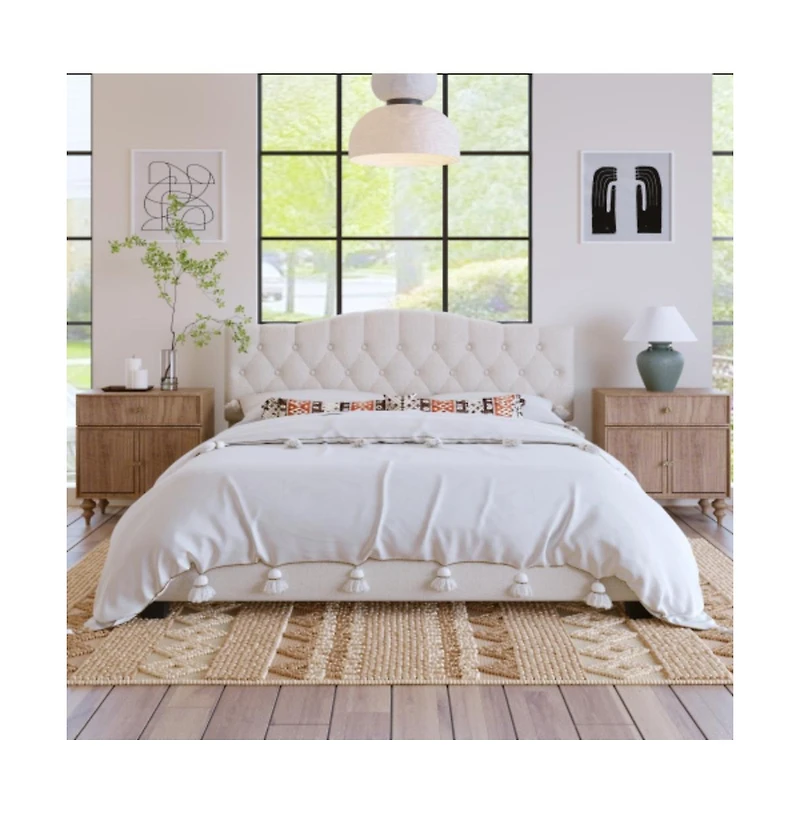 Lucky One King Size Upholstered Platform Bed with Adjustable Curved Headboard, Diamond Tufting, Wooden Slats, No Box Spring Needed