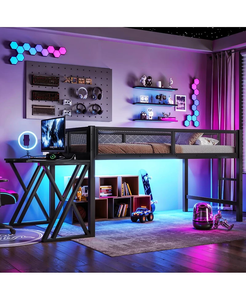 Streamdale Furniture Twin Xl Gaming Loft Bed with Desk, Led Lights, Usb Ports and Staircase