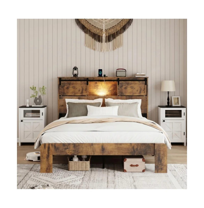 Lucky One Queen Size Metal Bed Frame with Storage Headboard, Usb Charging, Heavy Duty Metal Slats