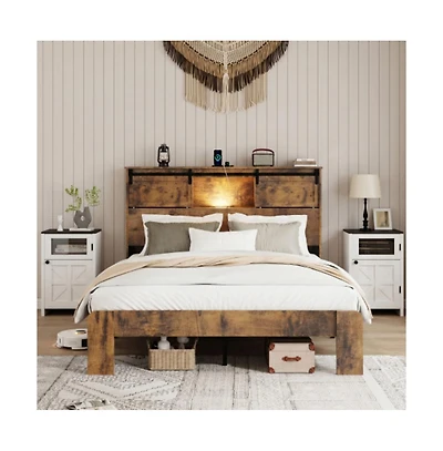 Lucky One Queen Size Metal Bed Frame with Storage Headboard, Usb Charging, Heavy Duty Metal Slats