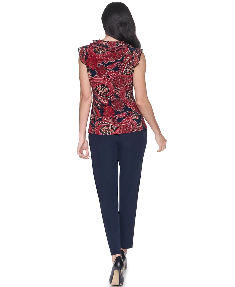 Tommy Hilfiger Women's Sleeveless Paisley V-Neck Ruffle Top