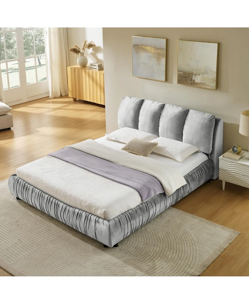 Streamdale Furniture Queen Size Upholstered Bed Frame with Segmented Velvet Headboard