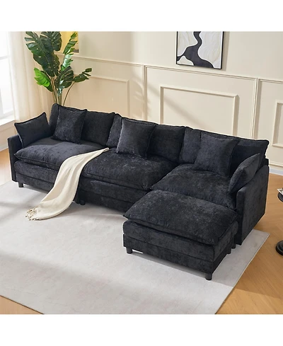 Clihome 108" L-Shaped Modular Chenille Sofa with Ottoman, 3 Seat Couch Pillows