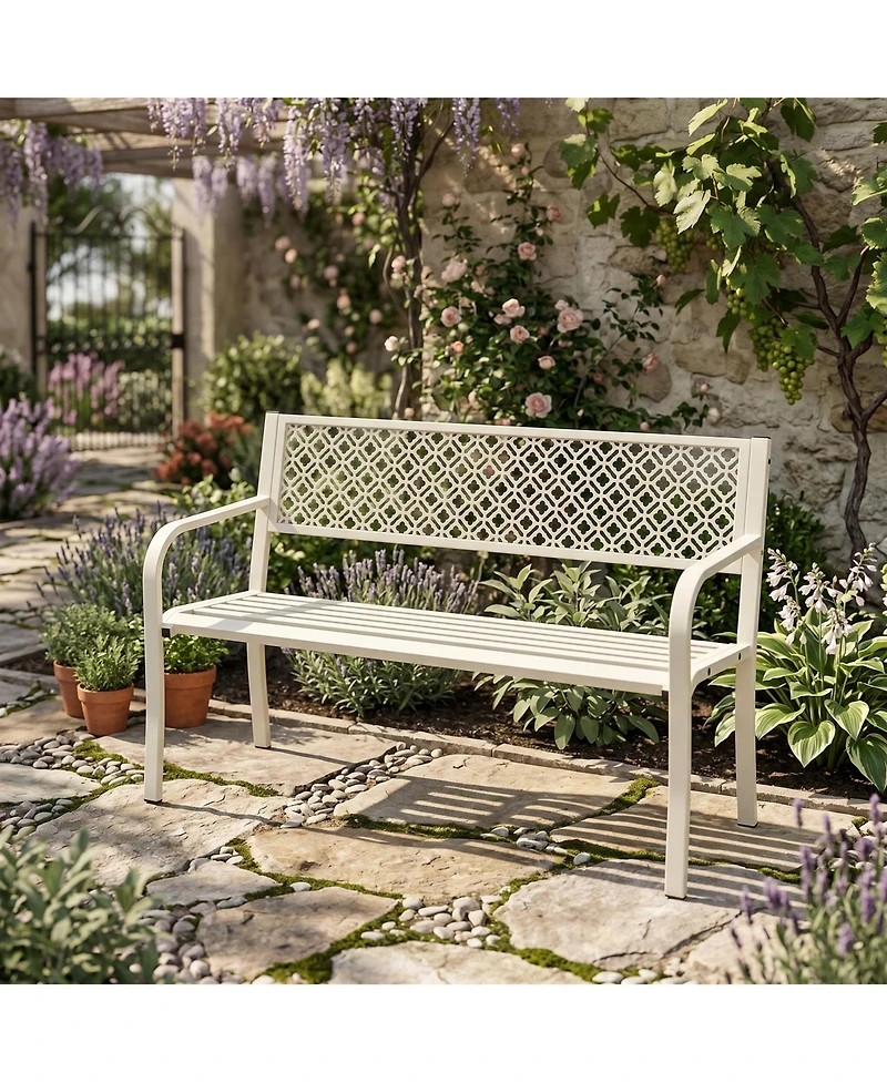homfan 50" Heavy Duty Steel Patio Garden Bench for 2, Outdoor Chair,Weather Resistant, Durable Geometric Backrest, Ideal for Yard, Porch, Deck Seating