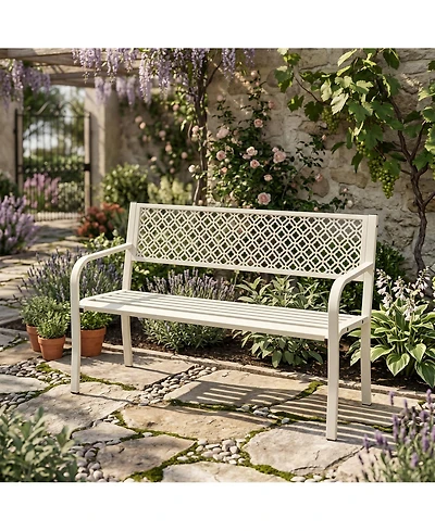 homfan 50" Heavy Duty Steel Patio Garden Bench for 2, Outdoor Chair,Weather Resistant, Durable Geometric Backrest, Ideal for Yard, Porch, Deck Seating