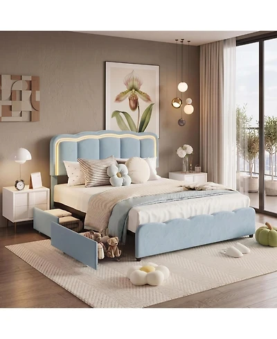 homfan Upholstered Platform Bed Frame, Full Frame with Led Lights, Adjustable Headboard, 2 Storage Drawers, No Box Spring Needed, Easy Assembly