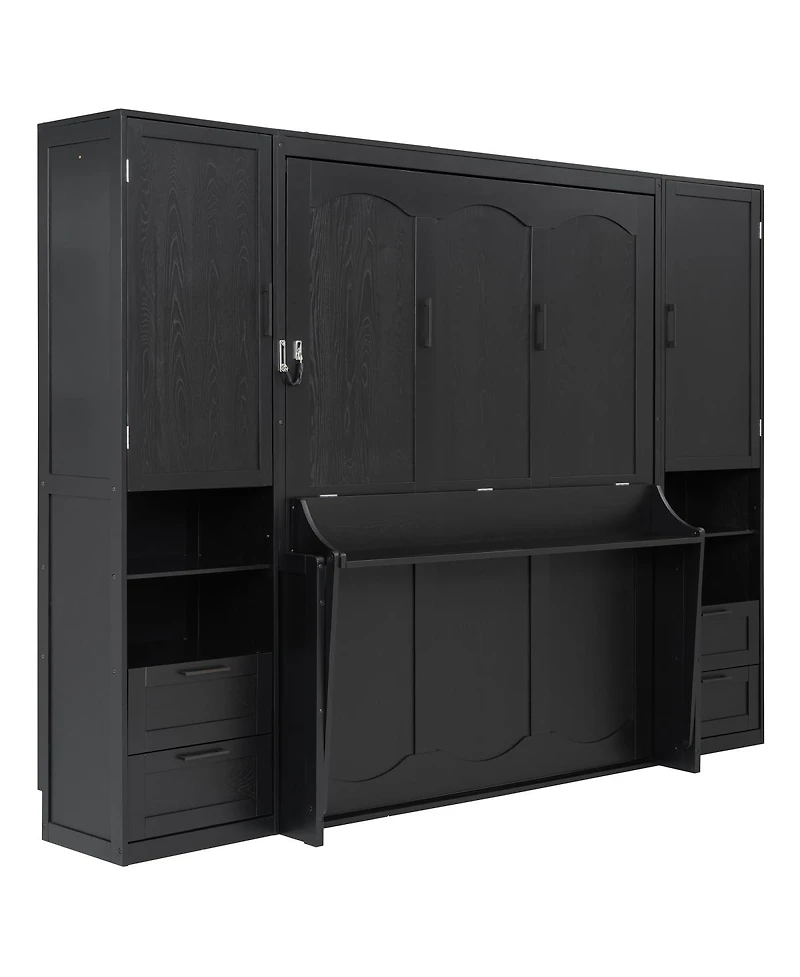 Streamdale Furniture Queen Size Murphy Bed with Closet, Drawers, and Shelves - Oak Veneer