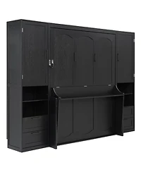 Streamdale Furniture Queen Size Murphy Bed with Closet, Drawers, and Shelves - Oak Veneer