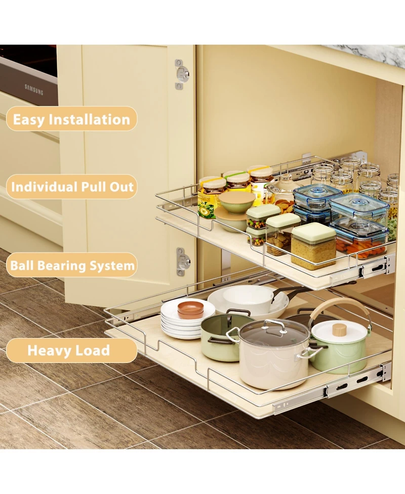 Lovmor 2 Tier Individual Pull Out Cabinet Organizer D Slide Wood Shelves Storage for Kitchen