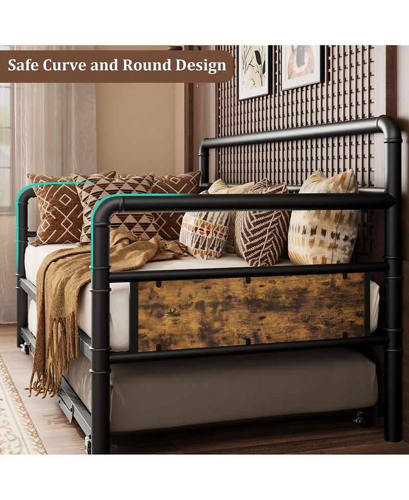 homfan Daybed with Trundle, Twin Daybed with Pop Up Trundle Set, Metal Twin Bed Frame with Steel Slat Support, Easy Assembly