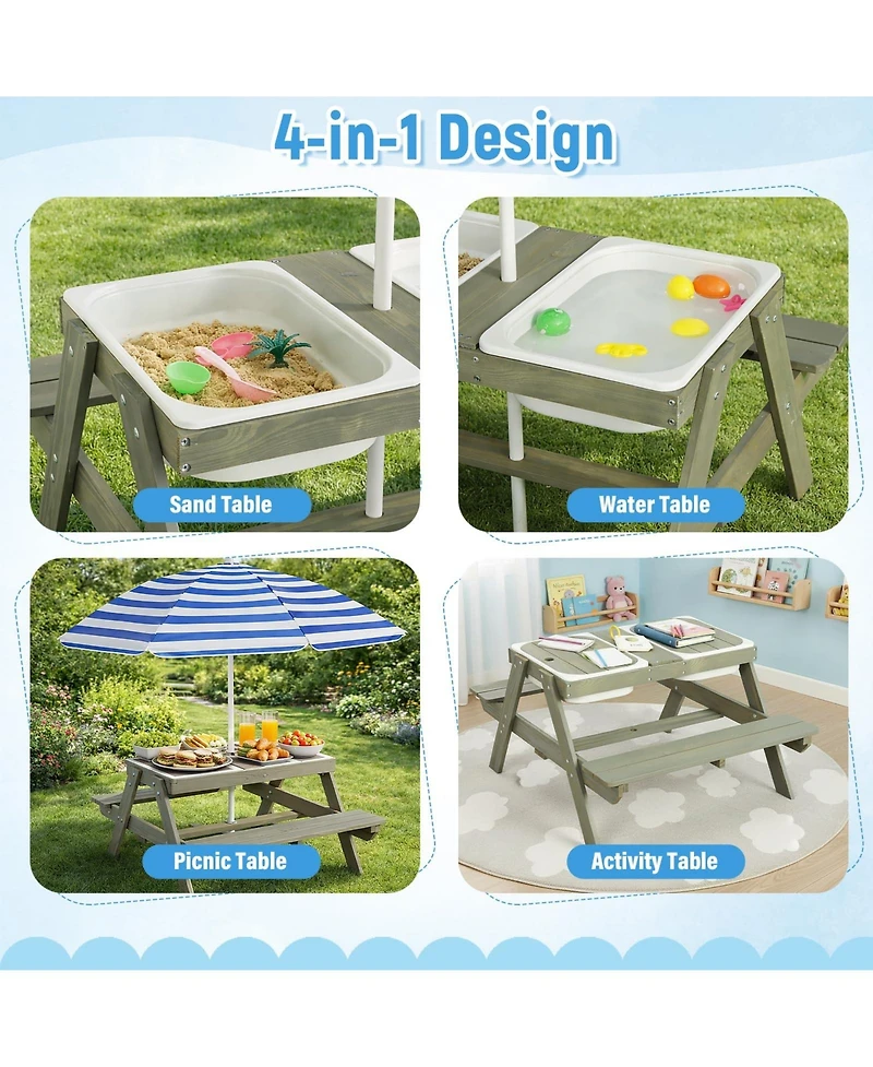 homfan 4 1 Kids Sand and Water Table, Wooden Sensory Activity Table with Removable Umbrella for Toddlers