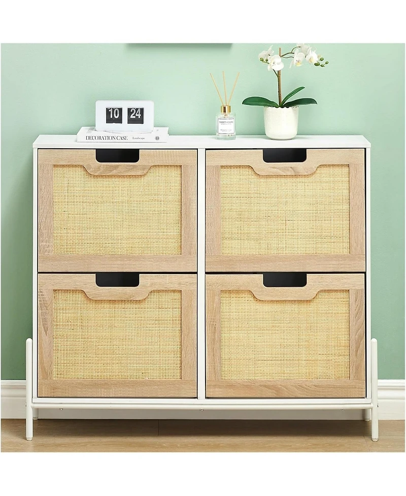Homfan 39.4" Rattan 4-Door Shoe Cabinet with Adjustable Shelves, Freestanding Entryway Organizer