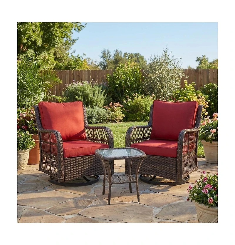 homfan Piece Outdoor Wicker Bistro Set, Swivel Rocker Chairs with Cushions and Glass Table for Patio or Garden