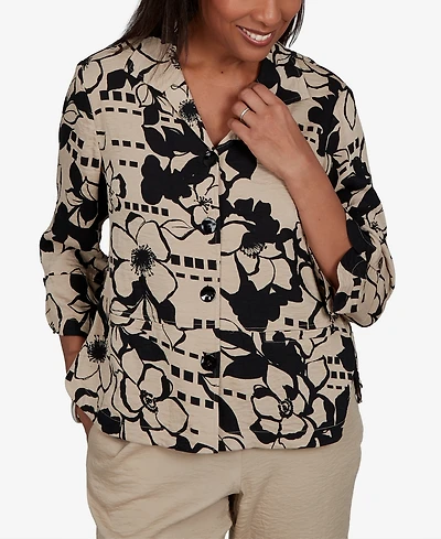Alfred Dunner Women's Travel Advisory Geo Floral Button Front Top
