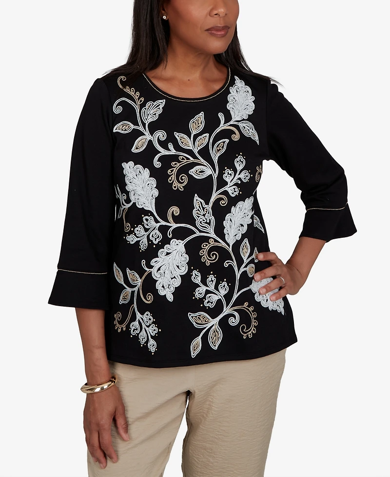 Alfred Dunner Women's Travel Advisory Scroll Leaf Embroidered Top