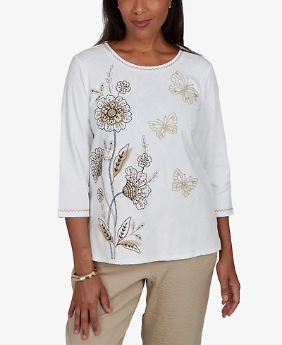 Alfred Dunner Women's Travel Advisory Floral Butterfly Line Embroidered Top