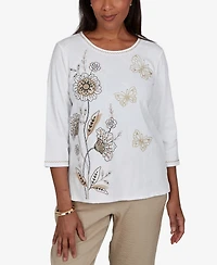 Alfred Dunner Women's Travel Advisory Floral Butterfly Line Embroidered Top