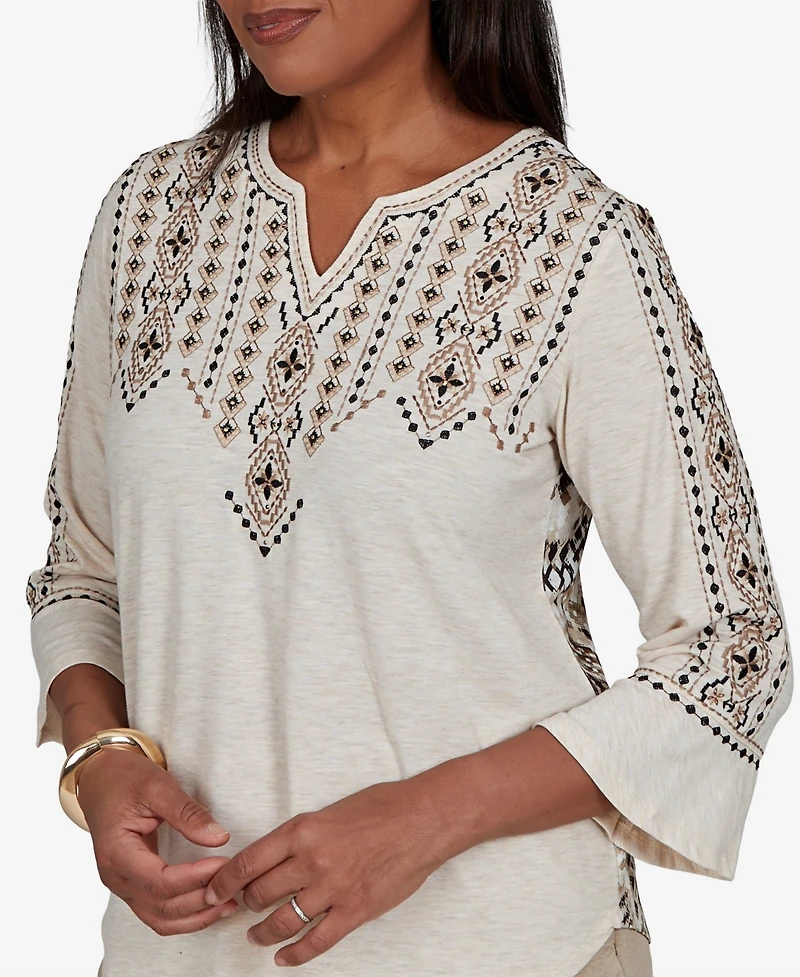 Alfred Dunner Women's Travel Advisory Geo Embroidered Printed Back Top