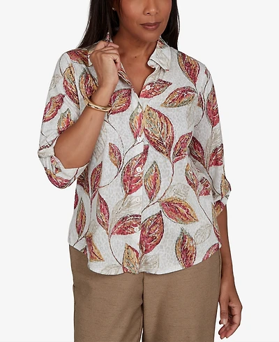 Alfred Dunner Women's Union Square Sketched Leaf Button Front Knit Top