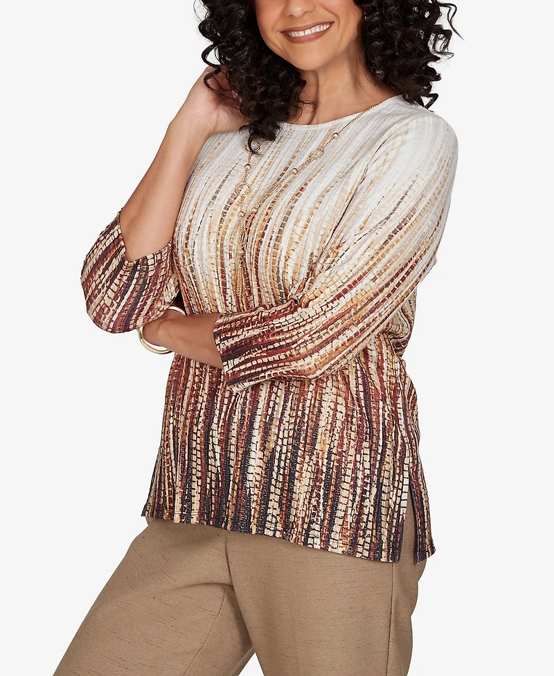 Alfred Dunner Women's Union Square Textured Ombre Squares Top With Necklace