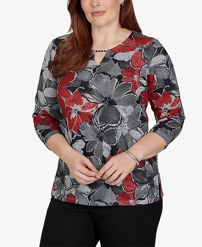 Alfred Dunner Women's Classic Textured Floral Split Neck Pocket Top