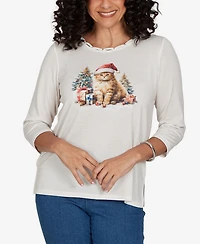 Alfred Dunner Women's Classic Santa Cat Knit Top