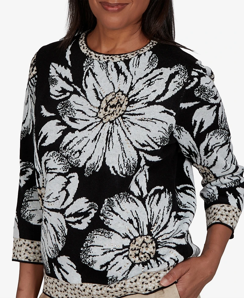 Alfred Dunner Women's Travel Advisory Dramatic Ink Floral Sweater