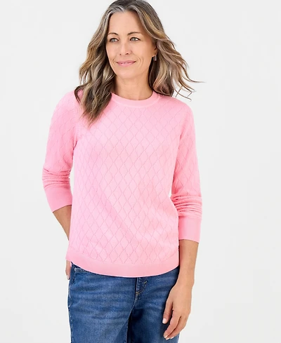 Style & Co Petite Solid Curved Hem Crew Long-Sleeve Mixed-Textured Stitch Sweater, Created for Macy's