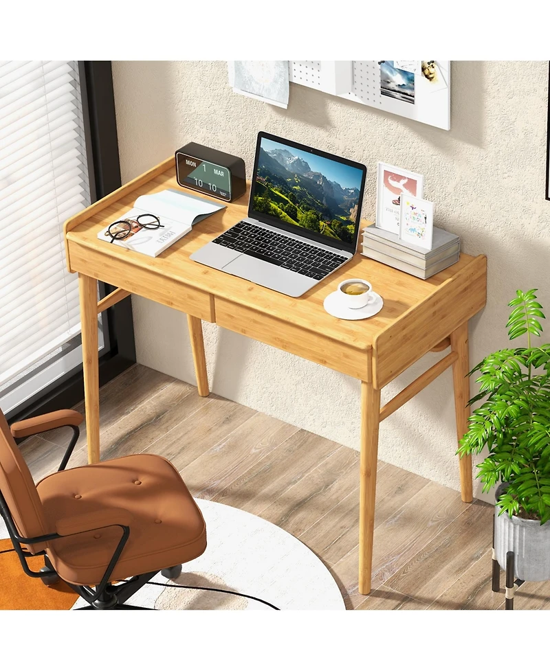 Bamboo Writing Desk 39.5'' Computer Study Desk with 2 Storage Drawers & Open Shelf