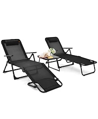 3pcs Patio Folding Chaise Lounge Chair Pvc Tabletop Set Outdoor Portable Beach