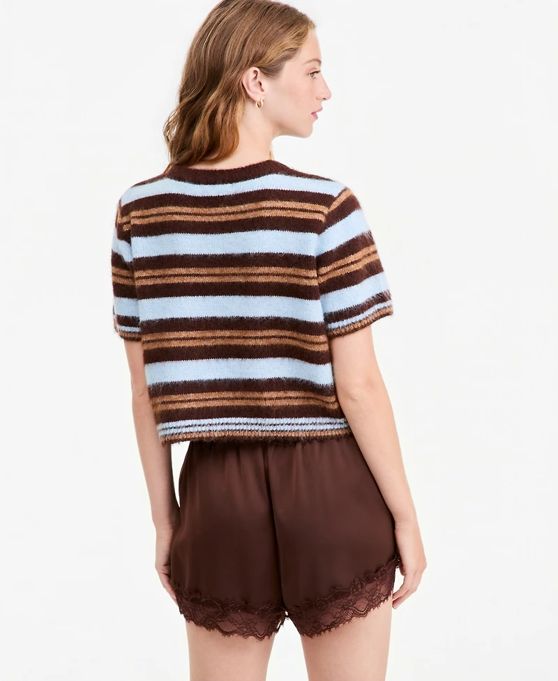 And Now This Women's Short-Sleeve Striped Brushed Crop Sweater, Macy's Exclusive