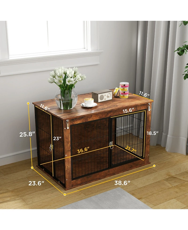 Ruie Dog Crate Furniture End Table with Flip-Up Top and Two Doors