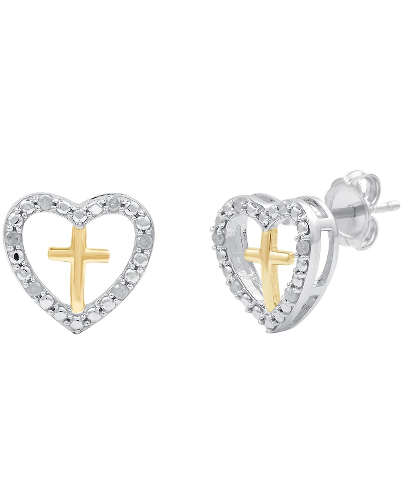Diamond Heart & Cross Stud Earrings (1/10 ct. t.w.) in Sterling Silver & 14k Gold-Plate