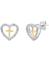 Diamond Heart & Cross Stud Earrings (1/10 ct. t.w.) in Sterling Silver & 14k Gold-Plate