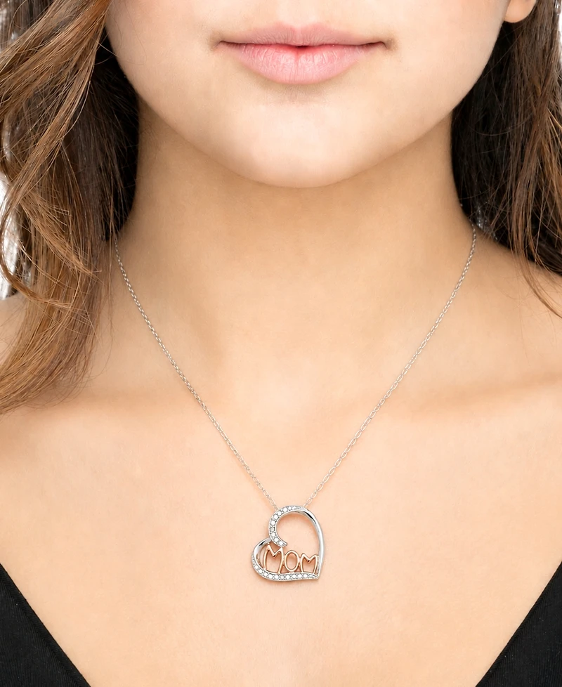 Diamond Mom Heart 18" Pendant Necklace (1/10 ct. t.w.) in Sterling Silver & 18k Rose Gold-Plate