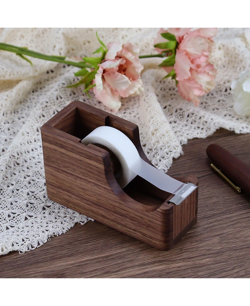 Danrong Walnut Wood 2 in 1 Desk Organizer Tape Dispenser With Pen Holder