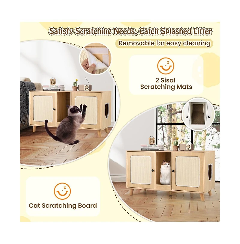 Ruie Cat Litter Box Enclosure with Double Rooms and 2 Sisal Scratching Mats
