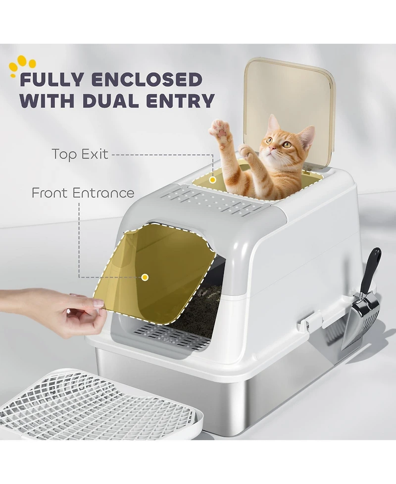 Ruie Extra Large Enclosed Stainless Steel Cat Litter Box with Scoop