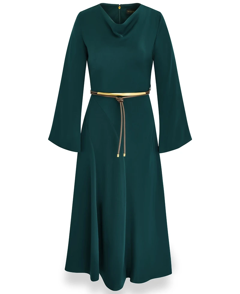 Satin Long Sleeve Cowl Neck Belted A-Line Dress