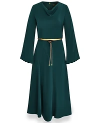Satin Long Sleeve Cowl Neck Belted A-Line Dress