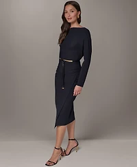 Two-Piece Long Sleeve Draped Top & Pencil Skirt Set with Belt