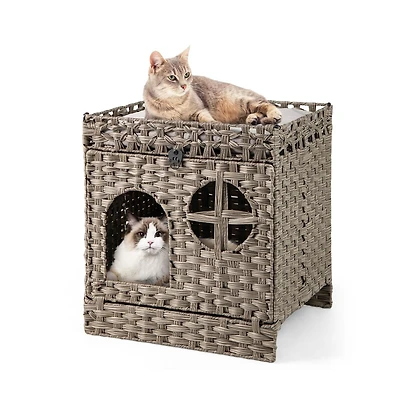 Ruie Foldable 2-Tier Rattan Cat Litter Box Enclosure House with Litter Mat