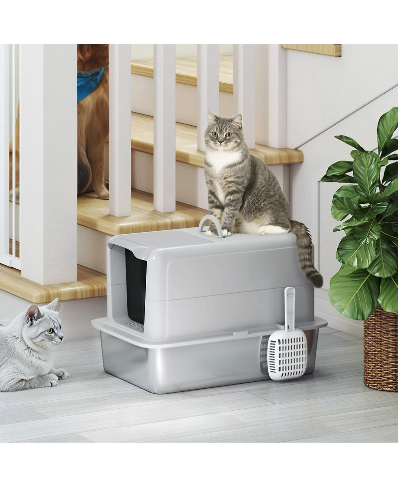 Ruie 2-in-1 Stainless Steel Cat Litter Box with Removable Lid and Scoop