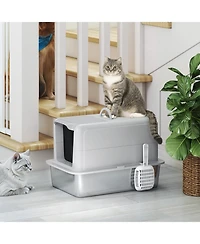 Ruie 2-in-1 Stainless Steel Cat Litter Box with Removable Lid and Scoop