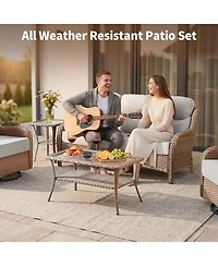 Pocassy Wicker Outdoor Patio Furniture Set 3 Pieces Patio Conversation Set, Rattan Sofa Couch with Ottomans for Deck Porch and Garden
