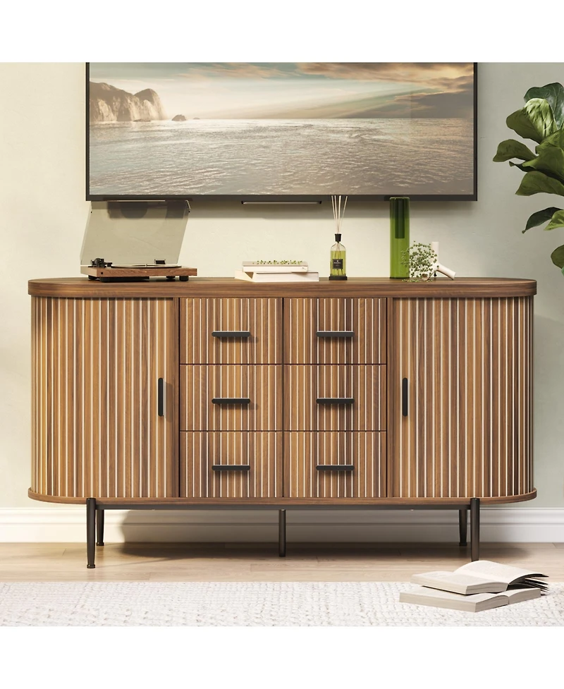 homfan 59 Inch Modern Fluted Sideboard Dresser, Buffet Cabinet with 6 Drawers, 2 Door Cabinets and Built-in Shelves for Home Storage