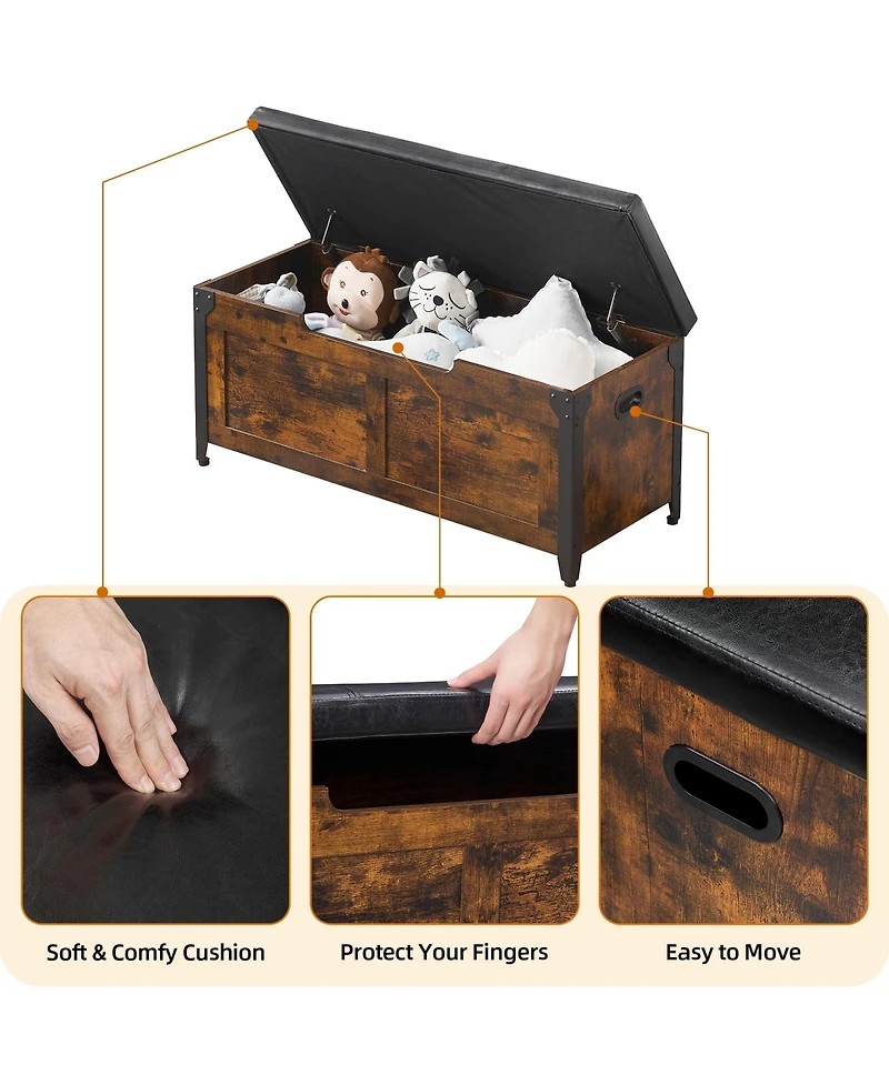 homfan 39.4 Inch Lift Top Storage Bench, Set of 2 Load Capacity Wooden Storage Chest with Cushion Seat, Safety Hinges, Storage Trunk with Metal Frame