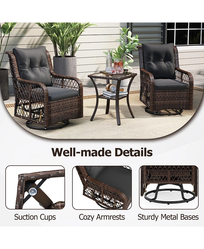 Sugift 3 Pieces Patio Furniture Set Pe Wicker Swivel Glider Chairs with 2-Tier Side Table and Cushions