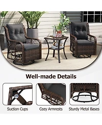 Sugift 3 Pieces Patio Furniture Set Pe Wicker Swivel Glider Chairs with 2-Tier Side Table and Cushions